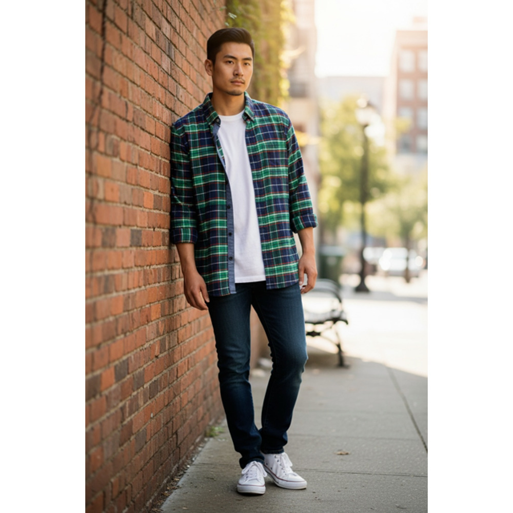 St Johns Bay Shirt Mens XL Flannel Navy Blue Green Red Plaid Pocket Long Sleeves